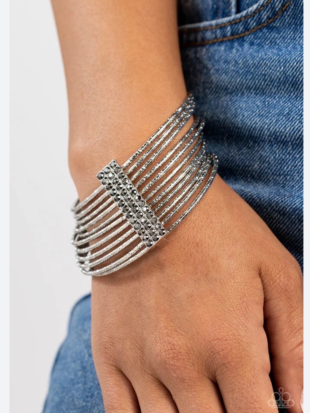 Rhinestone Multi-Strand Statement Cuff Bracelet Silver Tone